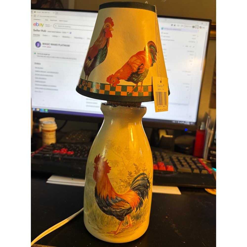 Vintage Rooster Lamp & Farmhouse Rustic Theme Shade, Working 1999 House & Garden